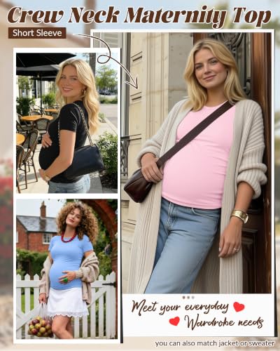 Huukeay 4 Pack Women's Short Sleeve Maternity Tops - color: Black, Pink, Light Blue, Dark Gray, size: Small