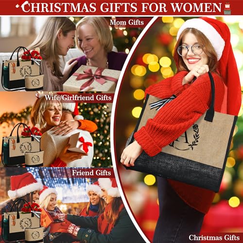 YOOLIFE Personalized Gifts for Women Initial Jute Tote Bag Makeup Bag - color: E