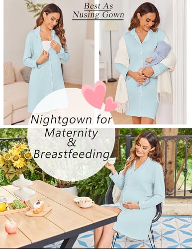 Ekouaer Womens Nightgown Long Sleeve Nightshirt Soft Button Down Sleepshirt - color: Light Blue, size: XX-Large