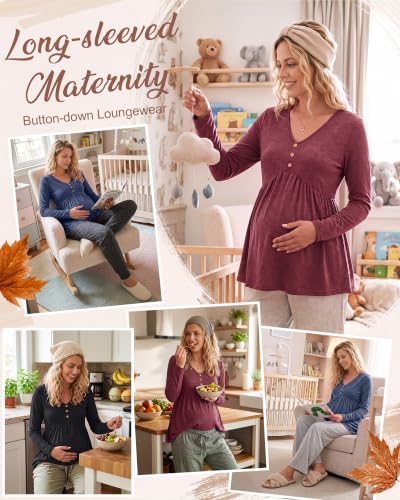 Cutecrop 3 Pack Maternity Long Sleeve V Neck Shirt - color: Black, Wine Red, Navy Blue, size: Medium