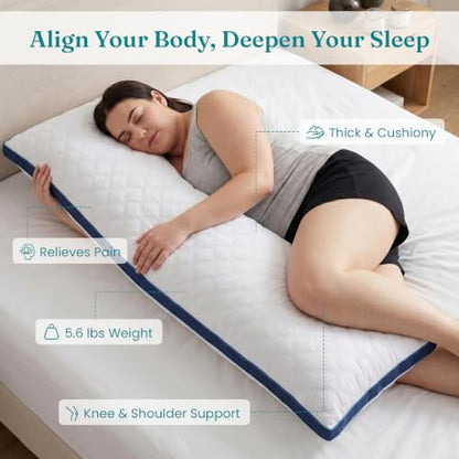 Oubonun Full Body Pillow for Side Sleeper, Adjustable Firm Long Bed Pillow - color: White-navy Blue Side