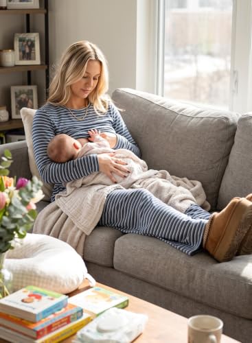 BLENCOT Maternity 2 Piece Outfits Striped Long Sleeve Pregnancy Set - color: Blue, size: Medium