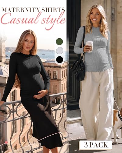 Huukeay 3 Pack Women Ribbed Long Sleeve Crew Neck Maternity Tops - color: Army Green, Light Gray, Black, size: Medium