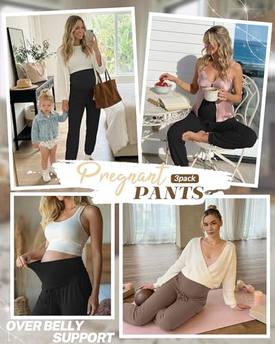 3 Pack Women's Maternity Jogger Pants with Pockets - color: Coffee, Black, Black, size: XX-Large