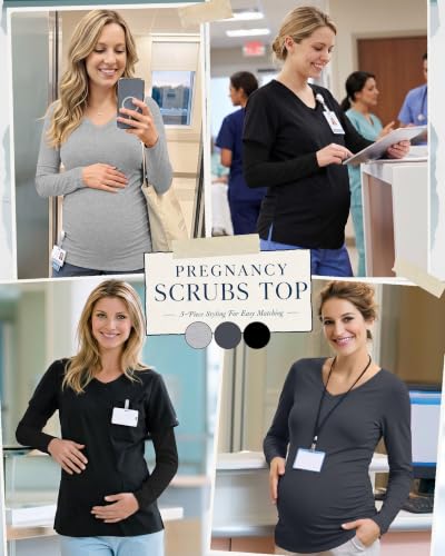 3 Pack Women Maternity Shirts Scrub Tops Side Ruched - color: Black, Dark Gray, Light Heather Gray, size: Medium