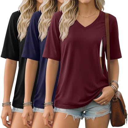 Neer 3 Pack Women's Nursing Shirts Breastfeeding Tops - color: Burgundy, Navy Blue, Black, size: Small