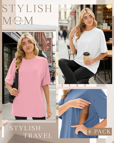 4 Pack Nursing Breastfeeding Shirts - color: Pink, Sky Blue, White, Black, size: XX-Large
