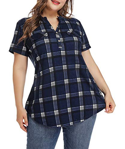 MONNURO Womens Plus Size Tops Button Down Tunic Plaid Shirts Casual Blouses - color: Navy Blue, size: 4X