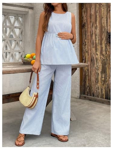 MakeMeChic Women's Maternity 2 Piece Outfits Striped Tank Top and Pants - color: Blue, size: Small