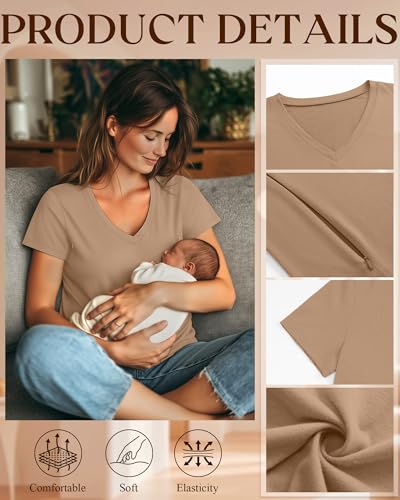 Women's Nursing Breastfeeding Shirts - color: Khaki, size: Medium