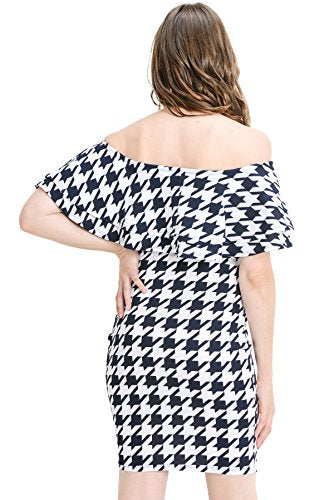LaClef Women's Off Shoulder Maternity Dress with Double Ruffle - color: D.navy Houndstooth, size: Large