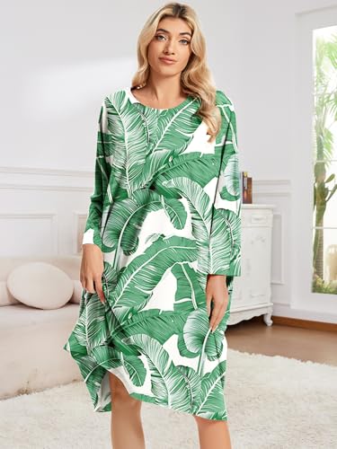 CRIPOM Plus Size Moo Moos for Women Oversized Sleep Shirts with Pockets - color: Green Leaves