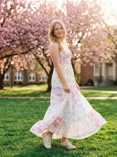 ABYOVRT Women Floral Maxi Dress Smocked Spaghetti Strap Lace Patchwork Tiered Boho Long Dress Vacation Garden Party - size: Medium