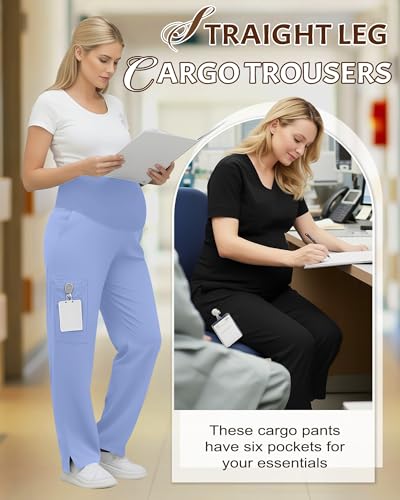 2 Pack Women's Maternity Scrub Pants with 6 Pockets - color: Black, Sky Blue, size: Medium