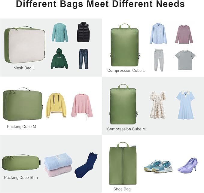 Bagail Ultralight Compression Cubes 7 Set - 3 Packing Cubes, 3 Organizers, and 1 Shoe Bag - color: The Matcha, style: Cloth Pattern