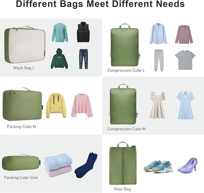 Bagail Ultralight Compression Cubes 7 Set - 3 Packing Cubes, 3 Organizers, and 1 Shoe Bag - color: The Matcha, style: Cloth Pattern