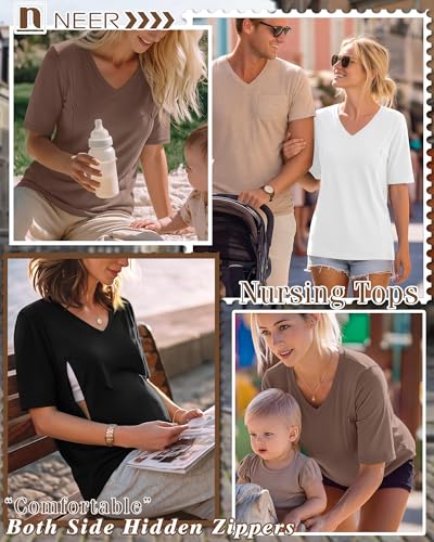Neer 3 Pack Women's Nursing Shirts Breastfeeding Tops - color: Brown, White, Black, size: Small