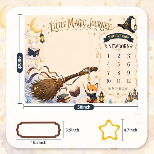 Little Magic Journey Baby Milestone Blanket, Broom Ride and Spell Book Themed Multipurpose with Photo Props for 1-12 Months Newborn Photography Backdrop 50"x40" Wrinkle Free Washable - color: Magic