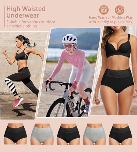 MISSWHO Women's High Waisted Cotton Underwear Soft Breathable Full Coverage Stretch Briefs Ladies Panties 5-Pack - color: Black*3 Grey*2, size: Medium