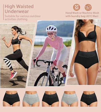 MISSWHO Women's High Waisted Cotton Underwear Soft Breathable Full Coverage Stretch Briefs Ladies Panties 5-Pack - color: Black*3 Grey*2, size: Medium