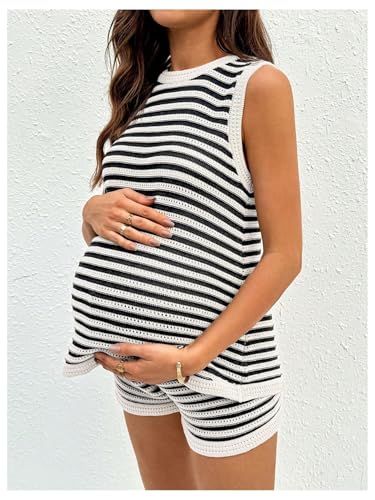 SOLY HUX Women's Maternity Striped Knit 2 Piece Outfits - color: Black and White Striped, size: Small