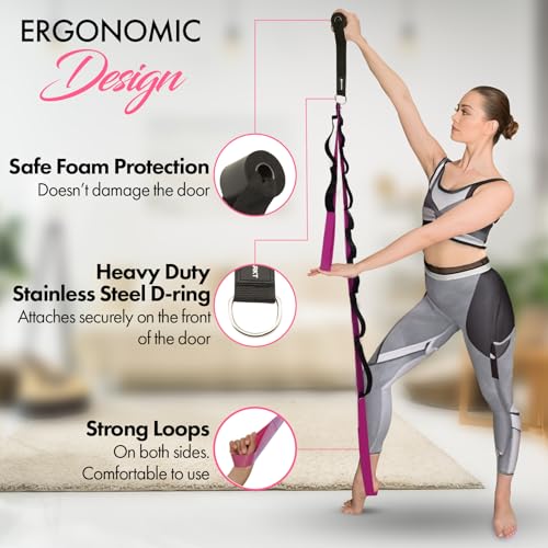 10-Loop Yoga Strap with Door Anchor for Stretching & Flexibility - color: Purple