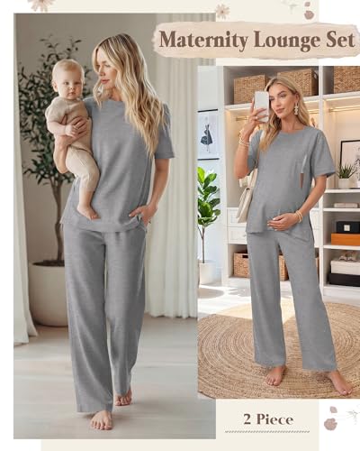 2Pc Postpartum Nursing Pajamas Set - color: Light Heather Gray, size: X-Large