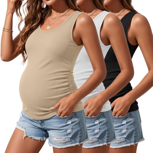 Riyiper 3 Pack Women's Maternity Tank Tops - color: Black, White, Khaki, size: Small