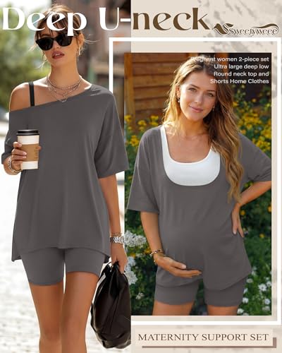 2 Piece Women Maternity Set Pregnancy Outfit - color: Gray, size: Small