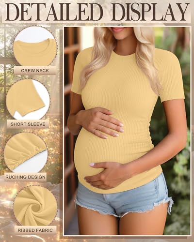 Ficerd 3 Pack Women's Short Sleeve Maternity Shirts - color: Light Green, Apricot, Yellow, size: Medium
