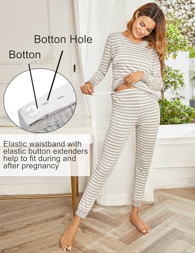 Ekouaer Nursing Pajamas Set Long Sleeve Maternity Clothes Thermal Underwear - color: Ash Light Gray Stripe, size: XX-Large