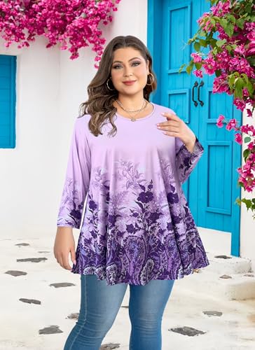 Plus Size Tops Womens Swing Tunic 3/4 Sleeve Flowy Long Blouses - color: Lavender Tunic Tops, size: 6X-Large