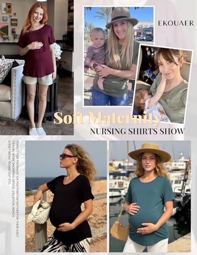 3 Pack Women Nursing Tops Short Sleeve Breastfeeding Shirts Maternity Tees - color: 3pcs- Black + Brown + Khaki, size: Medium