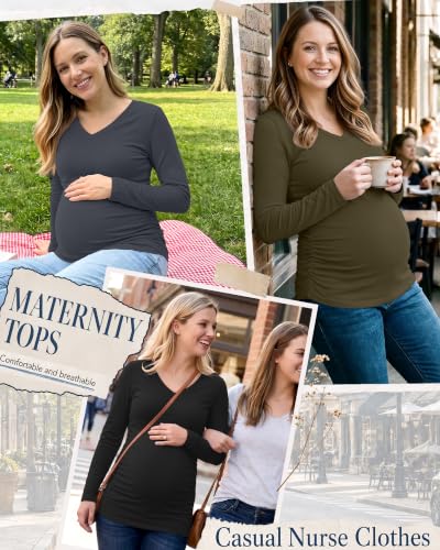 3 Pack Women Maternity Shirts Scrub Tops Side Ruched - color: Black, Dark Gray, Army Green, size: XX-Large