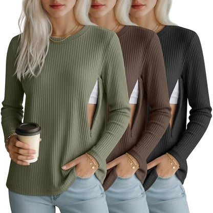3 Pack Womens Long Sleeve Nursing Shirts, Ribbed Knit - color: Gray Green, Coffee, Black, size: Medium