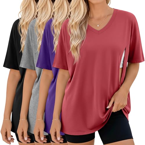 4 Pack Women's Oversize Nursing Tops - color: Light Red, Dark Purple, Light Gray, Black, size: Large