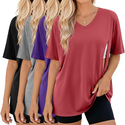4 Pack Women's Oversize Nursing Tops - color: Light Red, Dark Purple, Light Gray, Black, size: Large
