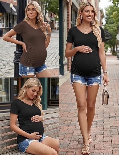 Ekouaer Maternity Shirts 4 Pack V Neck Pregnancy Clothes Summer Tops Tshirt - color: Black/Brown/Grey/White, size: Large