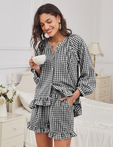 COZYPOIN Womens Gingham Pajama Set 2 Piece 100% Cotton Ruffle Lounge Set - color: Black, size: Small