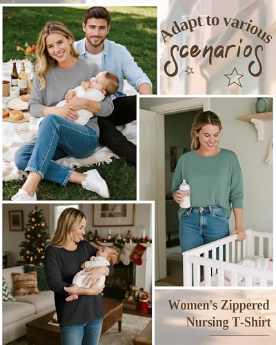 3 Pack Nursing Breastfeeding Tops - color: Light Gray, Light Green, Black, size: X-Large