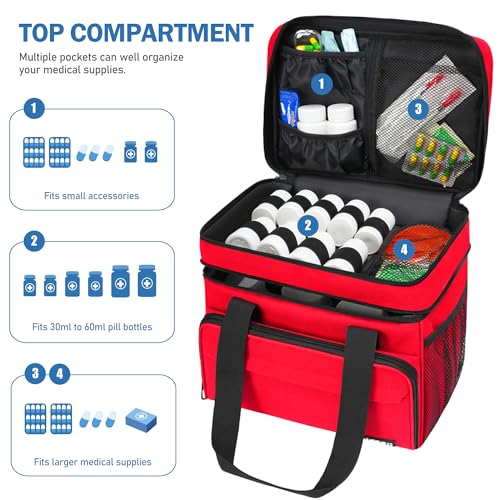 Large Medicine Organizer Bag, Lockable Pill Bottle Storage Case - color: Red