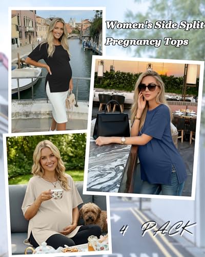 Riyiper 4 Pack Women's Short Sleeve Maternity T Shirts - color: Black, Coffee, Cream, Haze Blue, size: Small