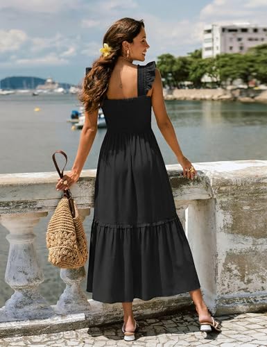 Women Summer Casual Midi Dress Square Neck Button Down Smocked Ruffle Strap Flowy Split Beach Sundress Pockets - color: Black, size: Small