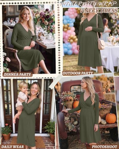 Locoowai Maternity Wrap Long Sleeve Dress V Neck Fall Dress - color: Army Green, size: Medium