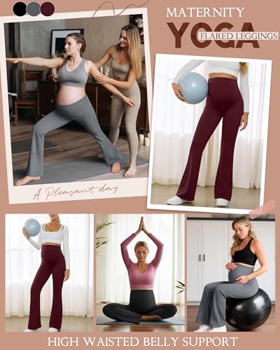3 Pack Maternity Over The Belly Flared Leggings Pants - color: Burgundy, Dark Gray, Black, size: Medium