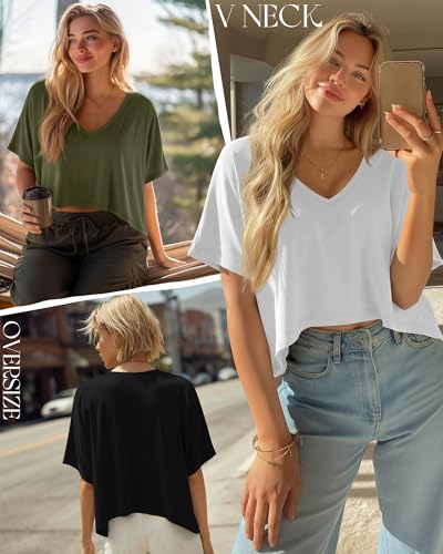 Huukeay 3 Pack Women's Oversized V Neck T Shirts - color: Army Green, White, Black, size: Small