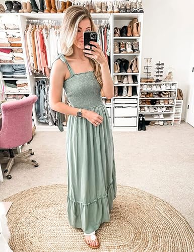 Tobrief Women's Boho Dress Summer Spaghetti Strap Square Neck Flowy Ruffle Beach Long Maxi Dress - color: 05 Green, size: Small