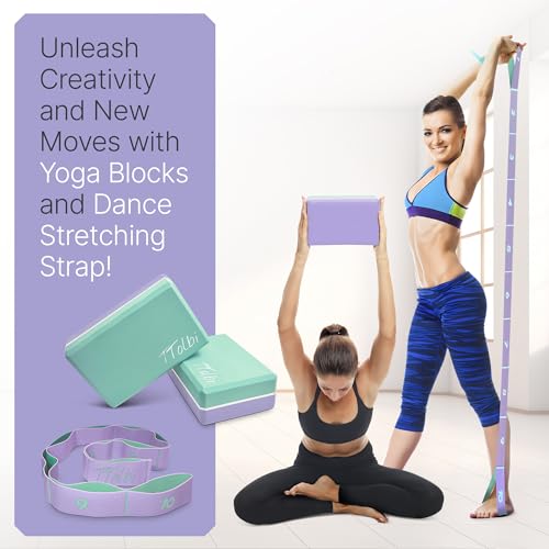 Yoga Blocks 2 Pack with Strap and Guide – Soft Non-Slip EVA Foam Blocks - color: Mint/Purple & Stretch Band Purple