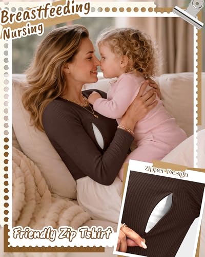 3 Pack Womens Long Sleeve Nursing Shirts, Ribbed Knit - color: Brown, White, Black, size: Medium