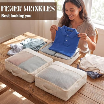 Shinymoon 3 Set 100% Cotton Packing Cubes 18"x12"x4" Mesh Beige - color: Beige, size: 18"x12"x4", style: Mesh